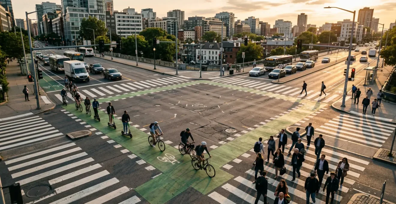 Intersection urbaine complexe avec différents modes de transport et usagers
