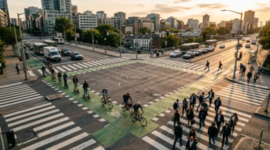 Intersection urbaine complexe avec différents modes de transport et usagers