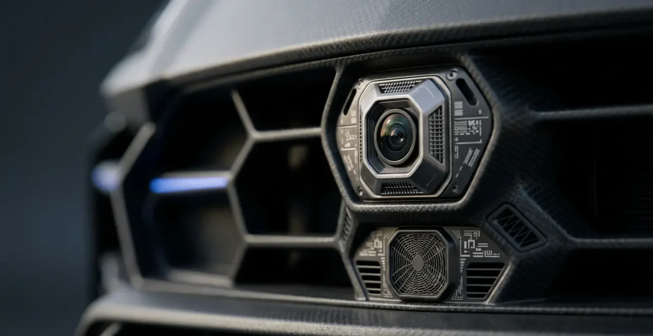 Gros plan sur le pare-chocs avant d'un SUV électrique moderne équipé de capteurs ADAS et radars de sécurité intégrés