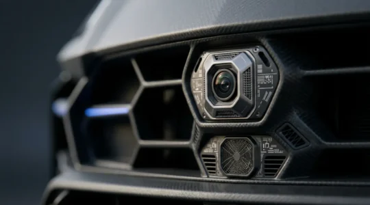 Gros plan sur le pare-chocs avant d'un SUV électrique moderne équipé de capteurs ADAS et radars de sécurité intégrés