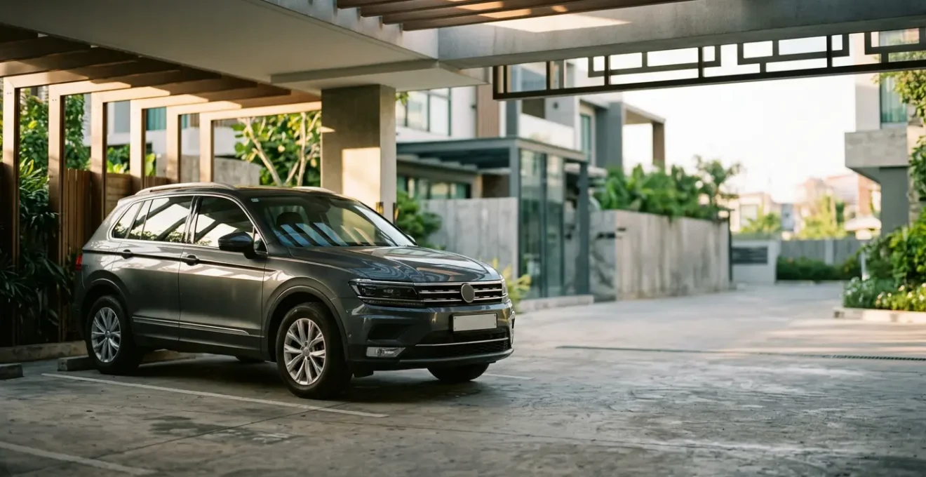 SUV familial moderne avec protection visible dans environnement sécurisé