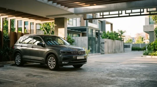 SUV familial moderne avec protection visible dans environnement sécurisé