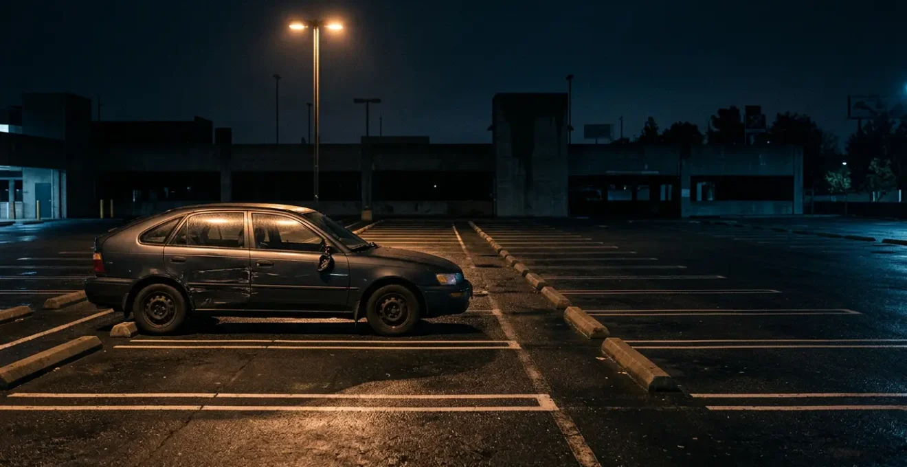Véhicule endommagé stationné sur un parking public isolé de nuit sous éclairage tamisé