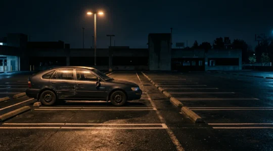 Véhicule endommagé stationné sur un parking public isolé de nuit sous éclairage tamisé
