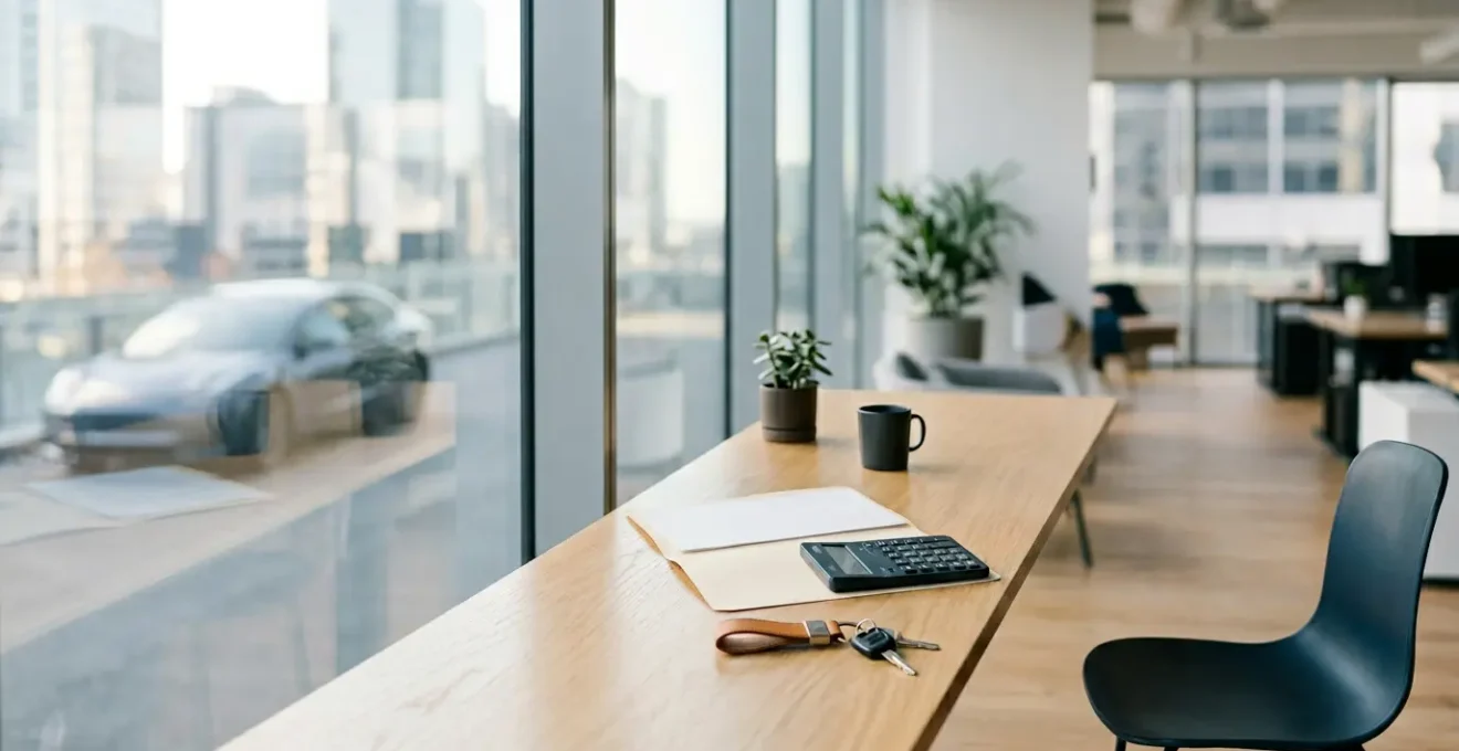 Bureau avec documents de contrat LOA, calculatrice et clés de voiture pour illustrer le rachat de véhicule