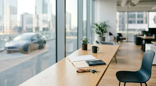 Bureau avec documents de contrat LOA, calculatrice et clés de voiture pour illustrer le rachat de véhicule