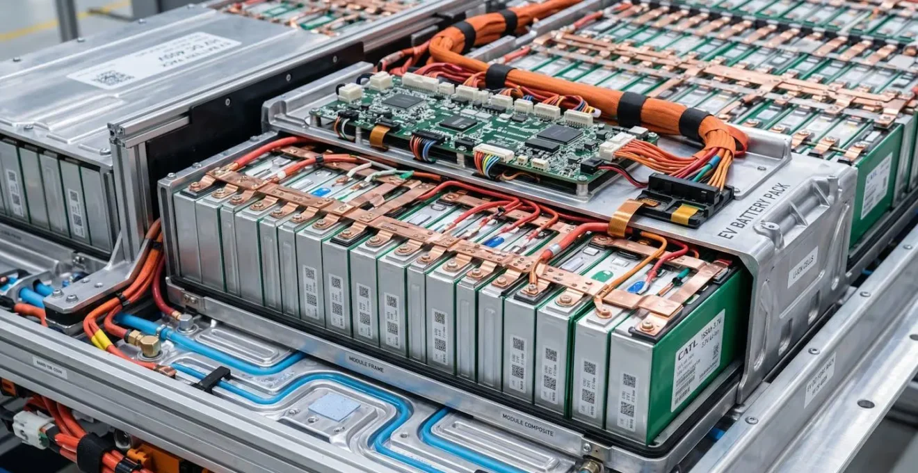 Gros plan détaillé sur les composants d'une batterie de véhicule électrique illustrant la complexité technique