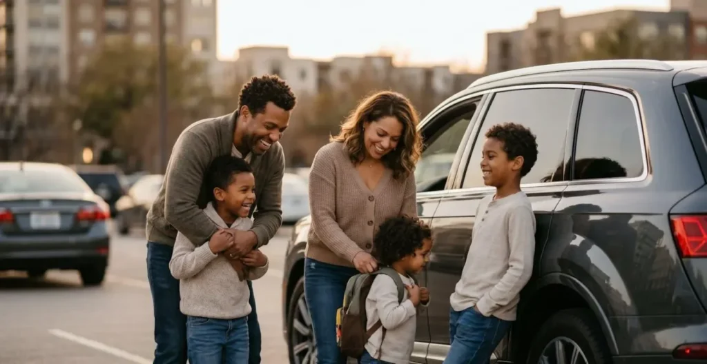 Famille avec enfants devant un SUV de courtoisie spacieux mis à disposition pendant les réparations